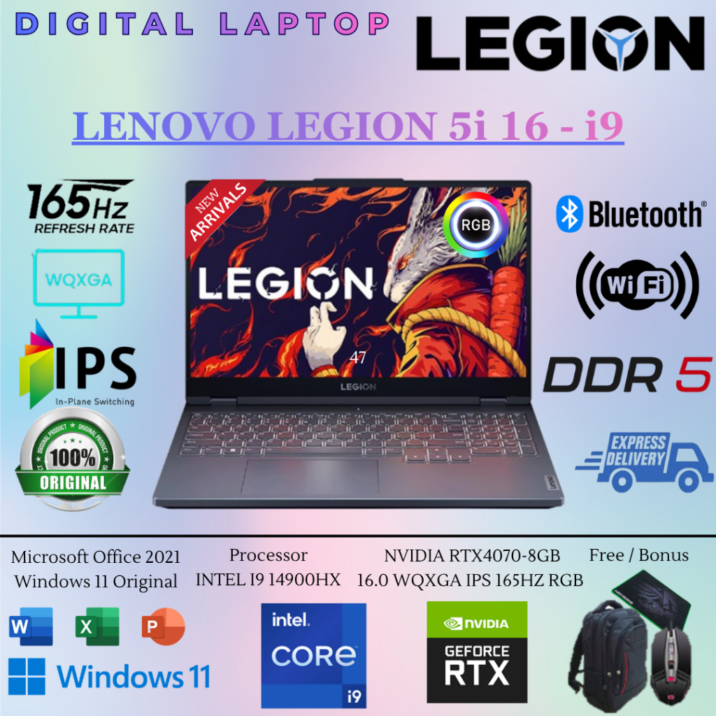Gaming Laptop LENOVO LEGION 5i Intel i9 14900HX 64GB DDR5 2TB SSD RTX4060 | RTX4070 WQXGA 165Hz RGB