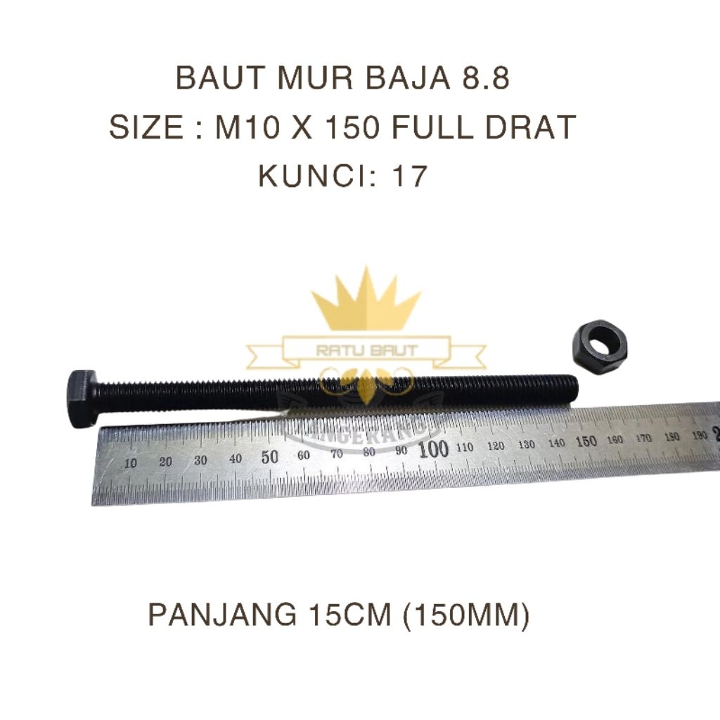 Baut Mur Baja M10X150 Kunci 17 Full Drat Grade 8.8 / HTB M10 Panjang 15cm Pitch 1.50 Hitam