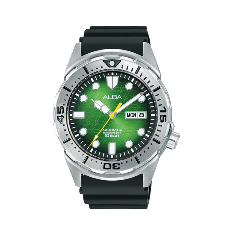 Jam Tangan Pria Alba Mechanical AL4447 AL4447X1 Automatic Strap siliconee Black Color Men Green Blac