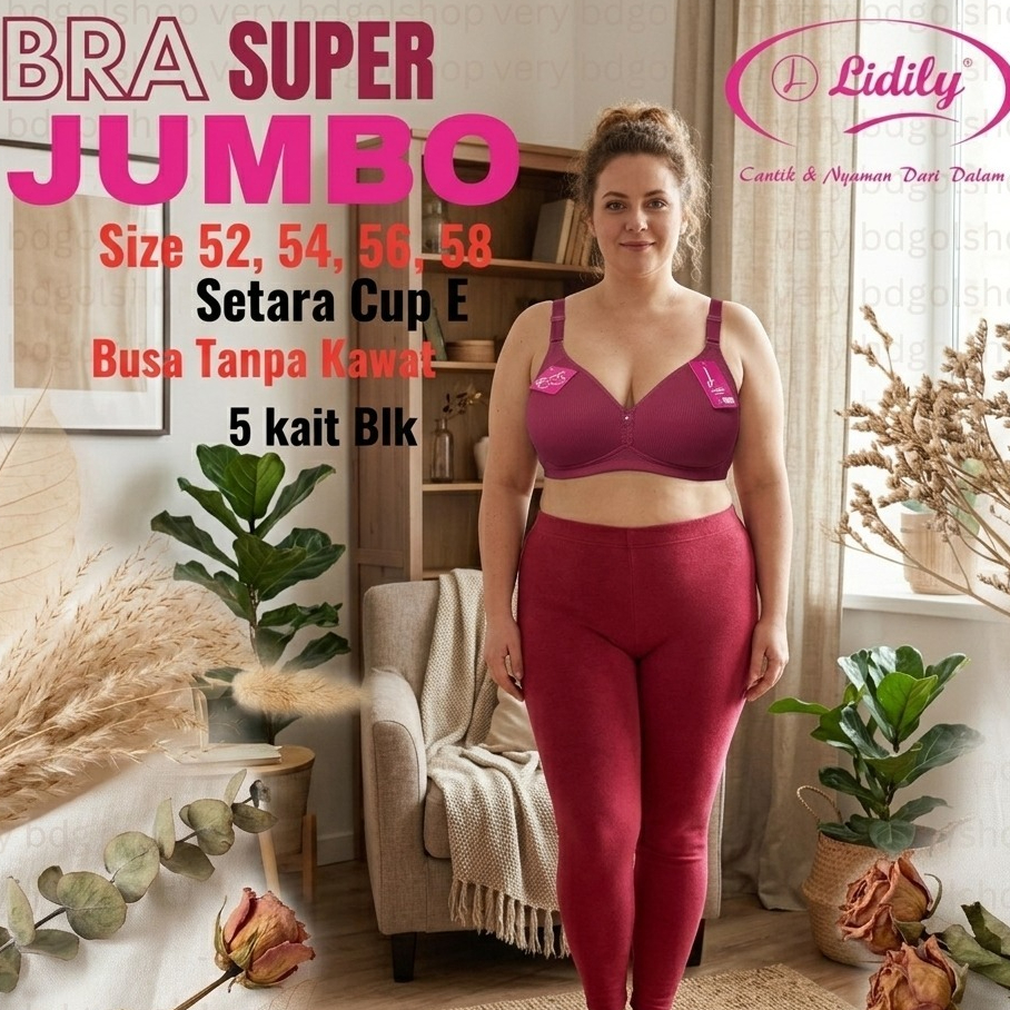 Lydyly Bra Super Jumbo Cup E Big Size Tanpa Kawat Busa Tipis Kait 5 Nilon Spandek Big Size 52 54 56 