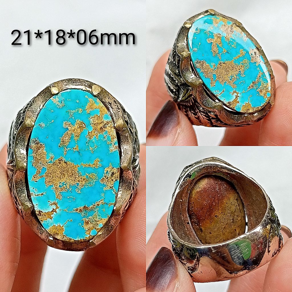 cincin batu pirus Persia biru urat emas top hq