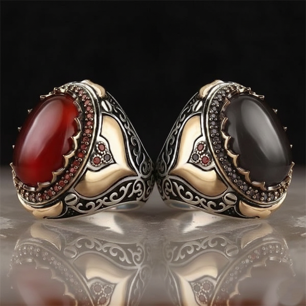 Cincin Perak Pria Ukiran Filigree Dual Warna dengan Batu Akik Merah & Onyx