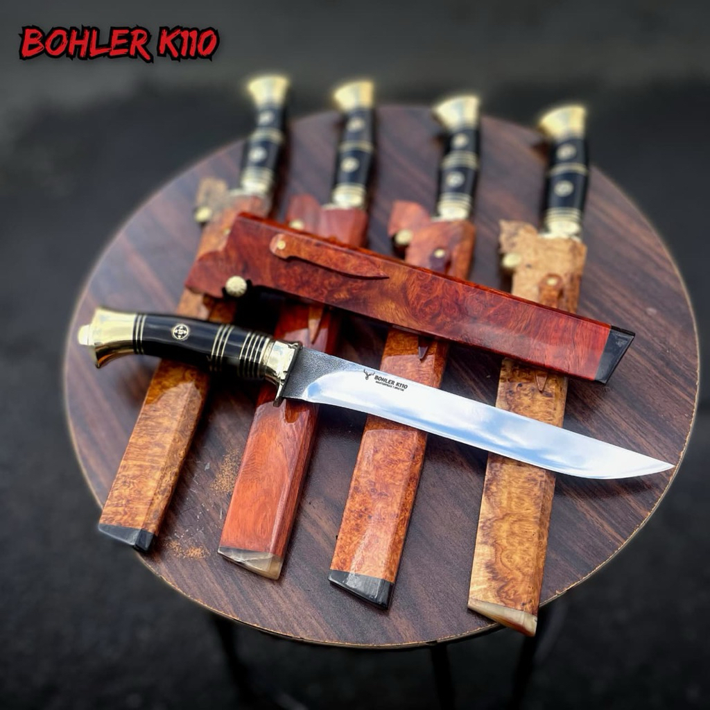Pisau Jagal Bohler K110 Premium - Handle Tanduk Kerbau & Sarung Burl Amboyna