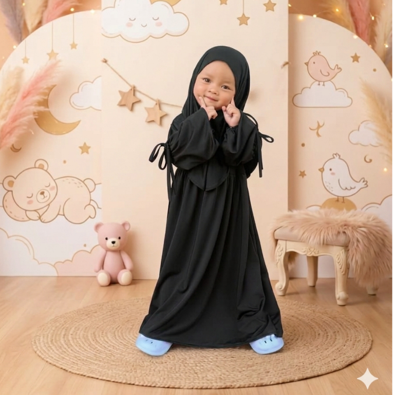 BAJU GAMIS ABAYA Anak Lengan Balon usia 1 - 5 Tahun Set Kerudung Kekiniann - SHIREEN FASHION