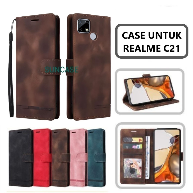 Casing hp REALME C21 model flip dompet softcase premium ada tali