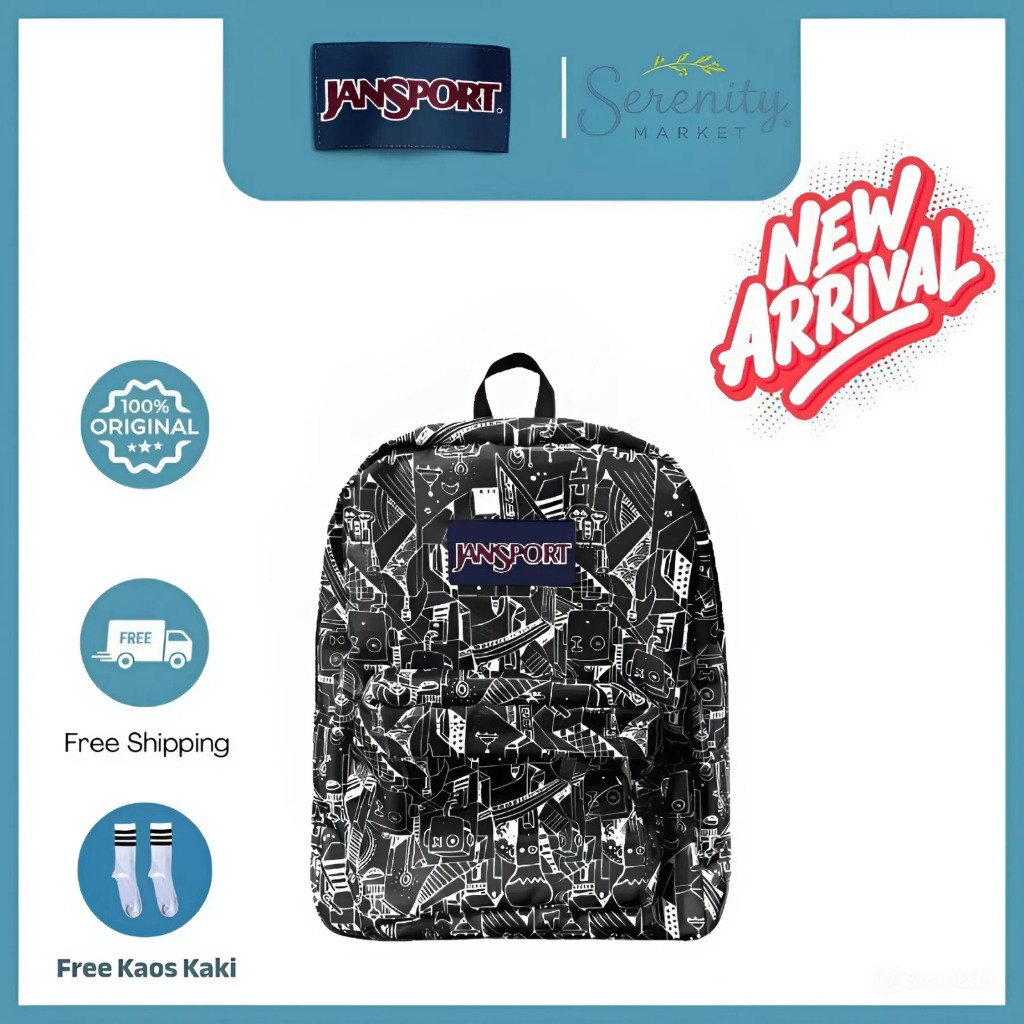 [READY/COD] Jansport Superbreak Black Abstrak Large Backpack-ransel kuliah kerja sekolah - WATER RES