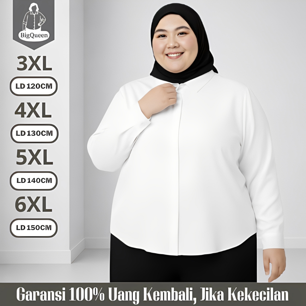 Kemeja Putih Wanita Lengan Panjang Jumbo LD 120 130 140 150 Polos Kerja Formal