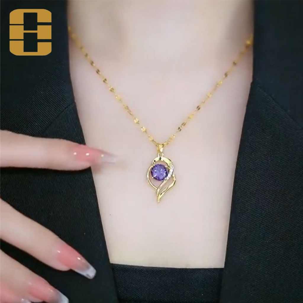 Kalung Titanium Wanita Lapis Emas Liontin Batu Permata Ungu Panjang Anti Luntur Aksesori Fashion