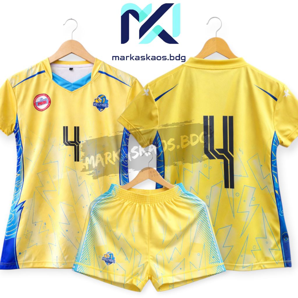 Kaos Olahraga Jersey Voli Wanita Kuning Lemon Motif Petir / Setelan Jersey Cewe Cowo / Free Nama Dan
