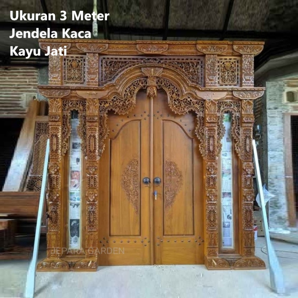 Pintu Gebyok Jendela Kaca Kusen Rumah Jawa Ukiran Kayu Jati Jepara 3 Meter