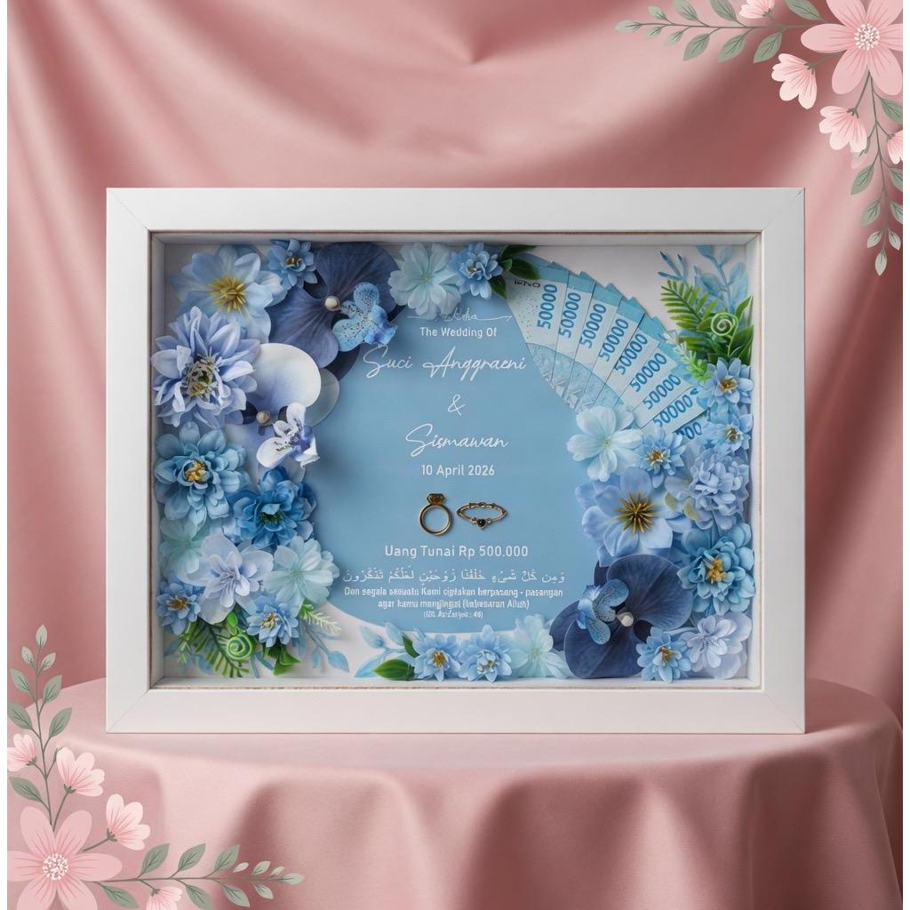 Bingkai Mahar Rustic Dried Flower Bunga Kering / Mahar Pernikahan / Frame Mahar 3D Pop Up | Frame Fi