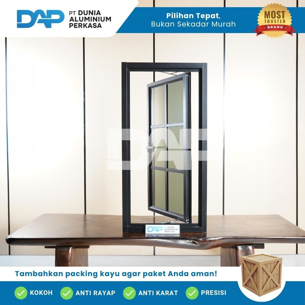 Jendela Aluminium Ornamen L40 x T120 Casement 1 Daun Custom Kusen Aluminium + Kaca