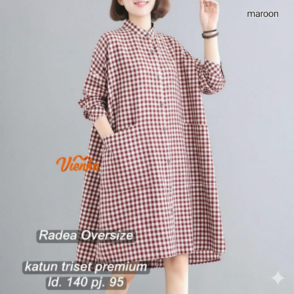 Radea Tunik Oversize Kotak Kotak LD 140 Katun Triset Premium Dress Wanita Jumbo Kemeja Panjang