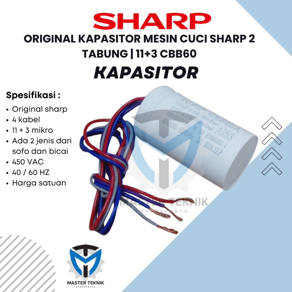KAPASITOR 11+3 UF  ORIGINAL MESIN CUCI SHARP 2 TABUNG KAPASITAS 7-10KG