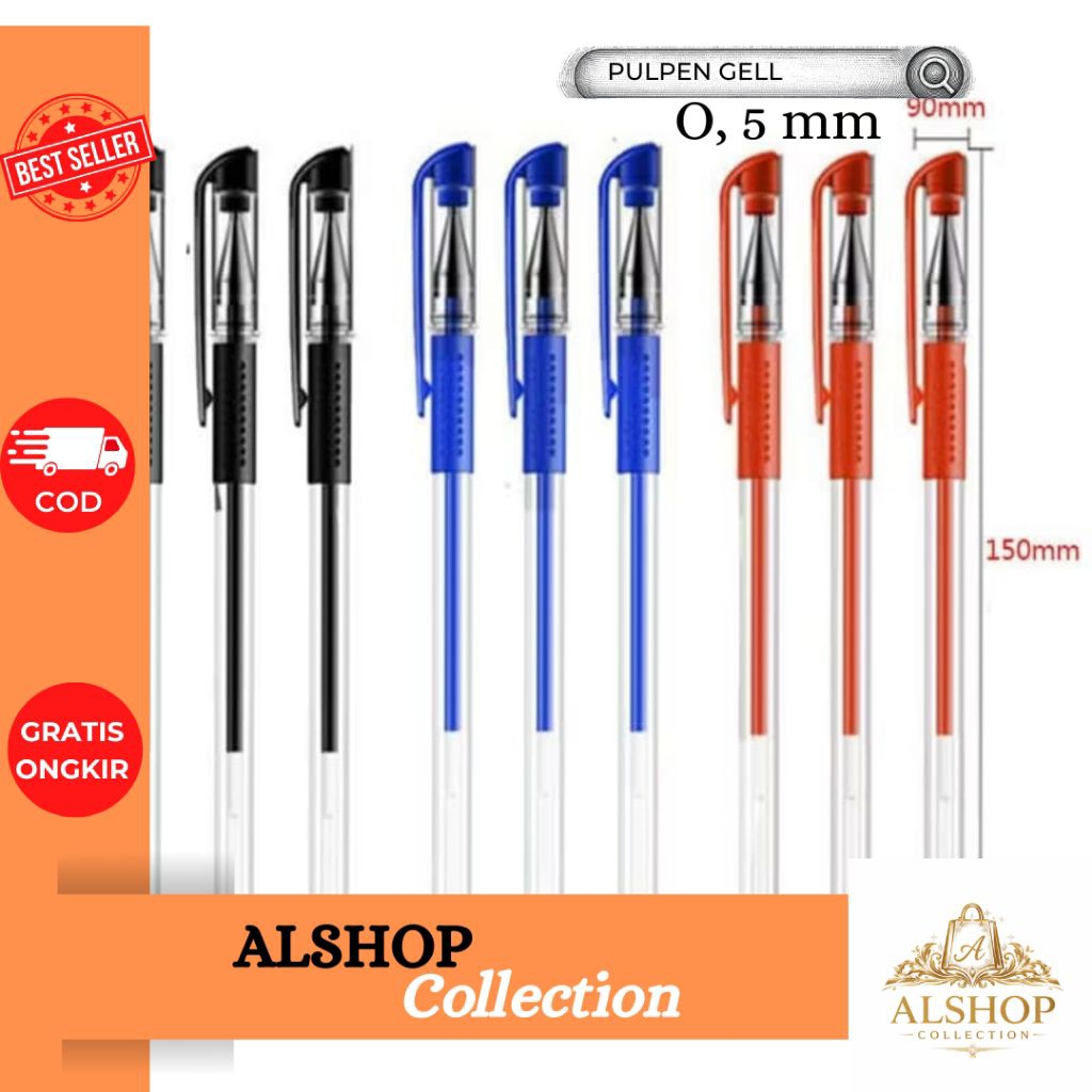 AC 12 PCS Pena Tinta Gell 0,5 mm standar Hitam Biru Merah
