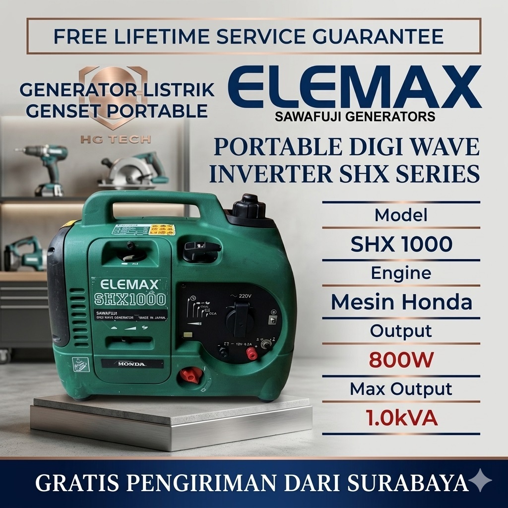 ELEMAX GENSET PORTABLE SHX 1000 ENGINE HONDA 800W 1.0kVA 1PHASE