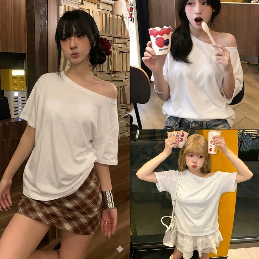 [COD]Naluri-warna polos Kaos gaya atasan putih wanita korea style Oversize t-shirt Retro gaya jalana