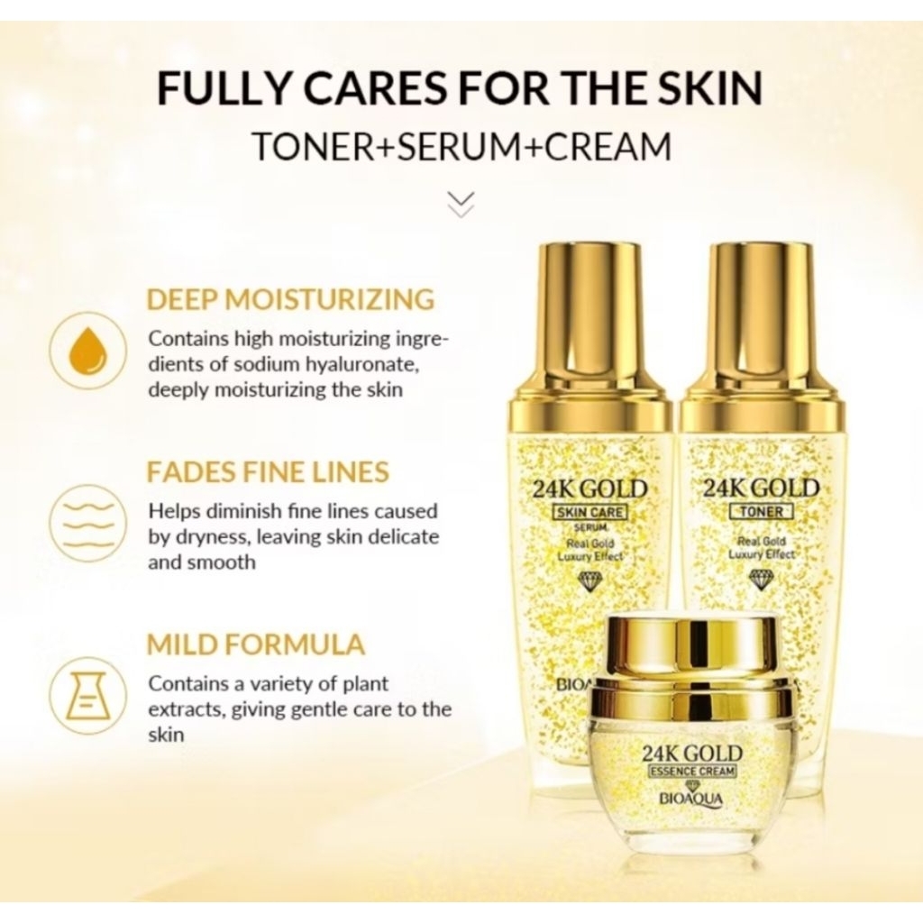 Bioaqua 24k gold Fully cares for the skin. toner+serum+cream. 3 botol