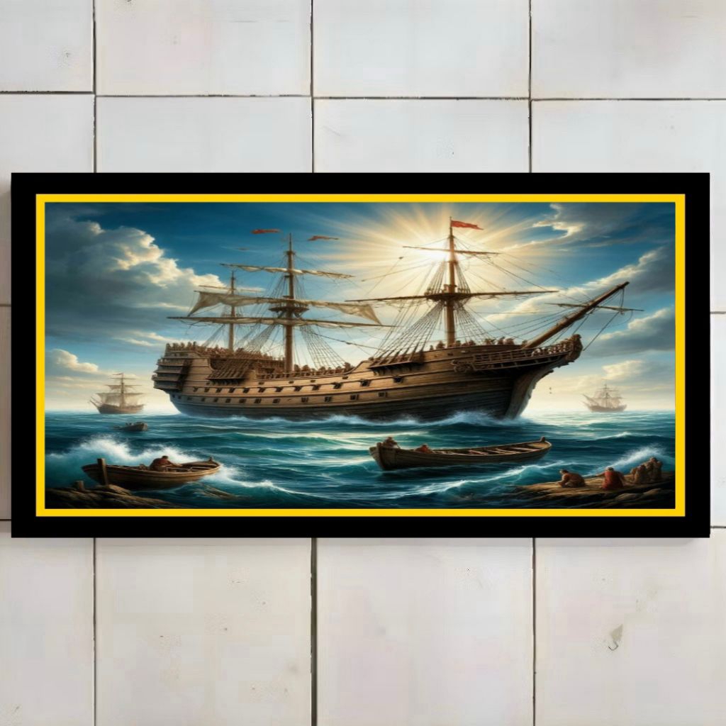 poster hiasan dinding cetak foto +bingkai motif kapal besar dan kecil ukuran 100x50cm