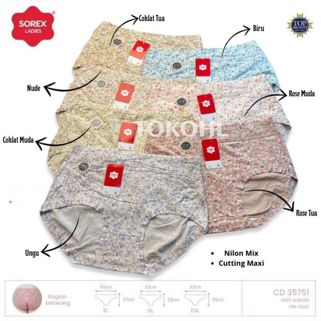 Isi (3, 6pcs) CD Sorex 35751 Celana Dalam Wanita Maxi Motif Bunga Adem Lembut Nyaman Dipakai