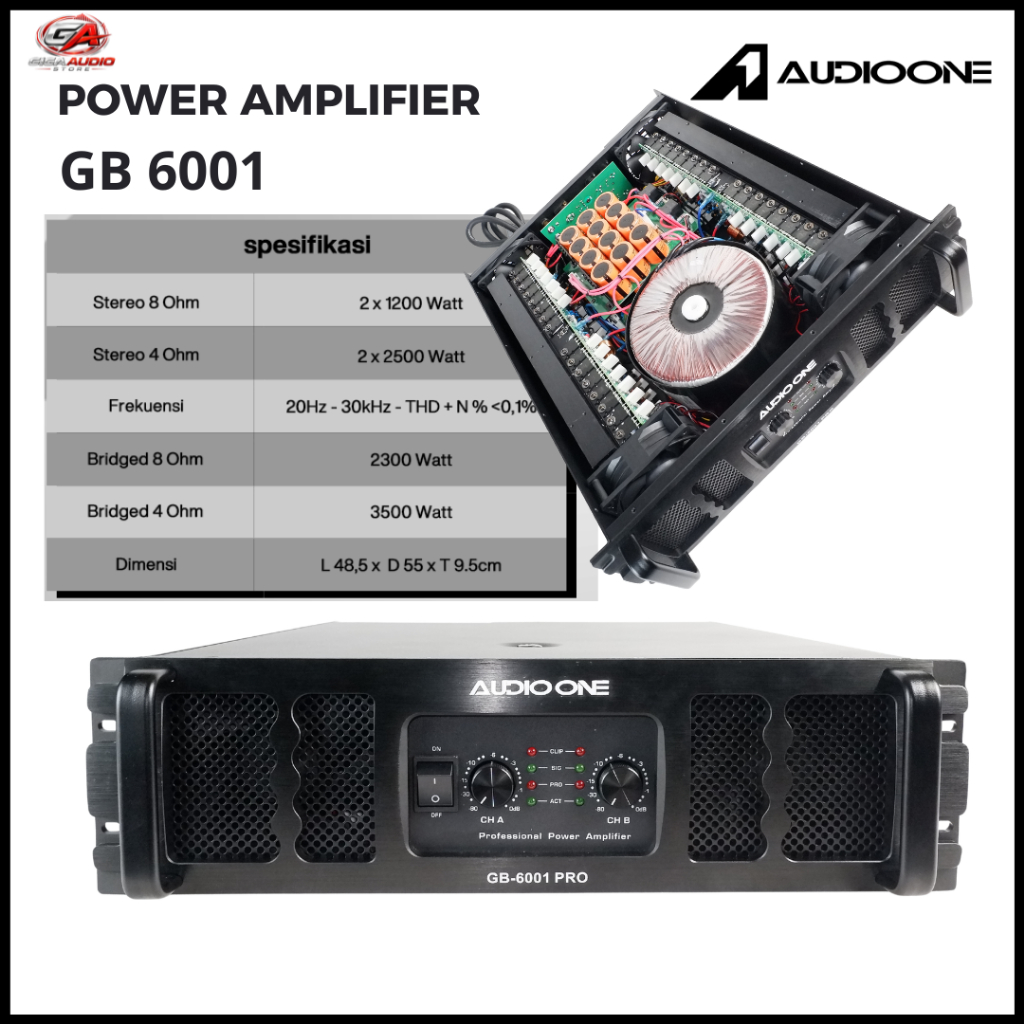 Power Aplifer 2 Channel 2500W AUDIO ONE GB6001 Ampli Sound System Subwoofer lapangan Original I GA