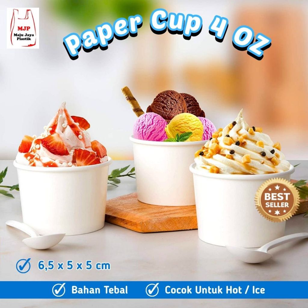 (50PCS) Paper Cup 4oz Tebal Gelas + Tutup Per Pack Kertas Ice Cream Eskrim Es Krim Murah