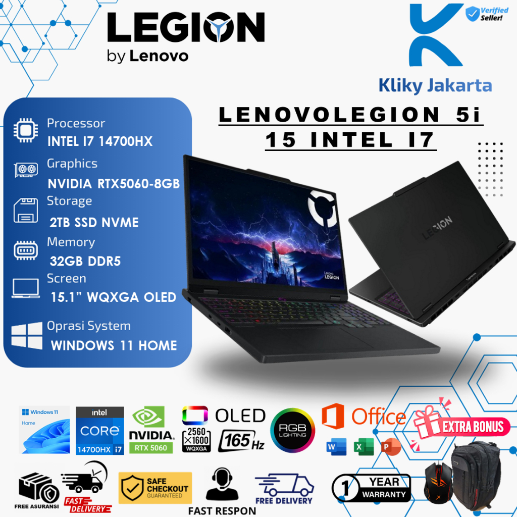 Laptop Gaming Lenovo Legion 5i 15 Intel i7 14650HX RTX5060-8GB 32GB 2TB  15.1 WQXGA  OLED Win11 Home