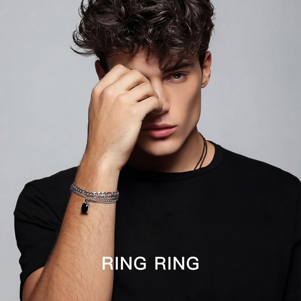 RINGRING Gelang Tangan Titanium Rantai Multi Lapisan Liontin Zircon Hitam Putih Anti Karat Tidak Gat