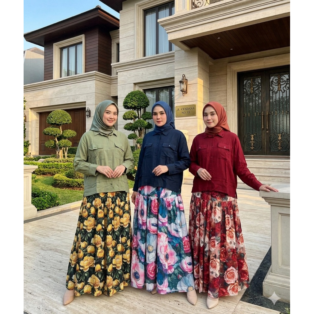 Setelan Wanita Jumbo Kemeja Crincle Polos Dan Rok Bunga Rayon Twill