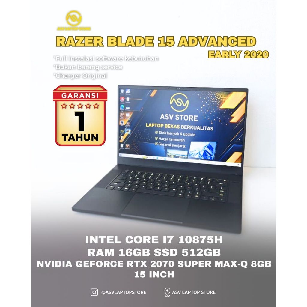 RAZER BLDE 15 ADVANCED CORE I7 10875H RAM 16GB SSD 512GB NVIDIA GEFORCE RTX 2070 SUPER MAXQ 8GB LAPT