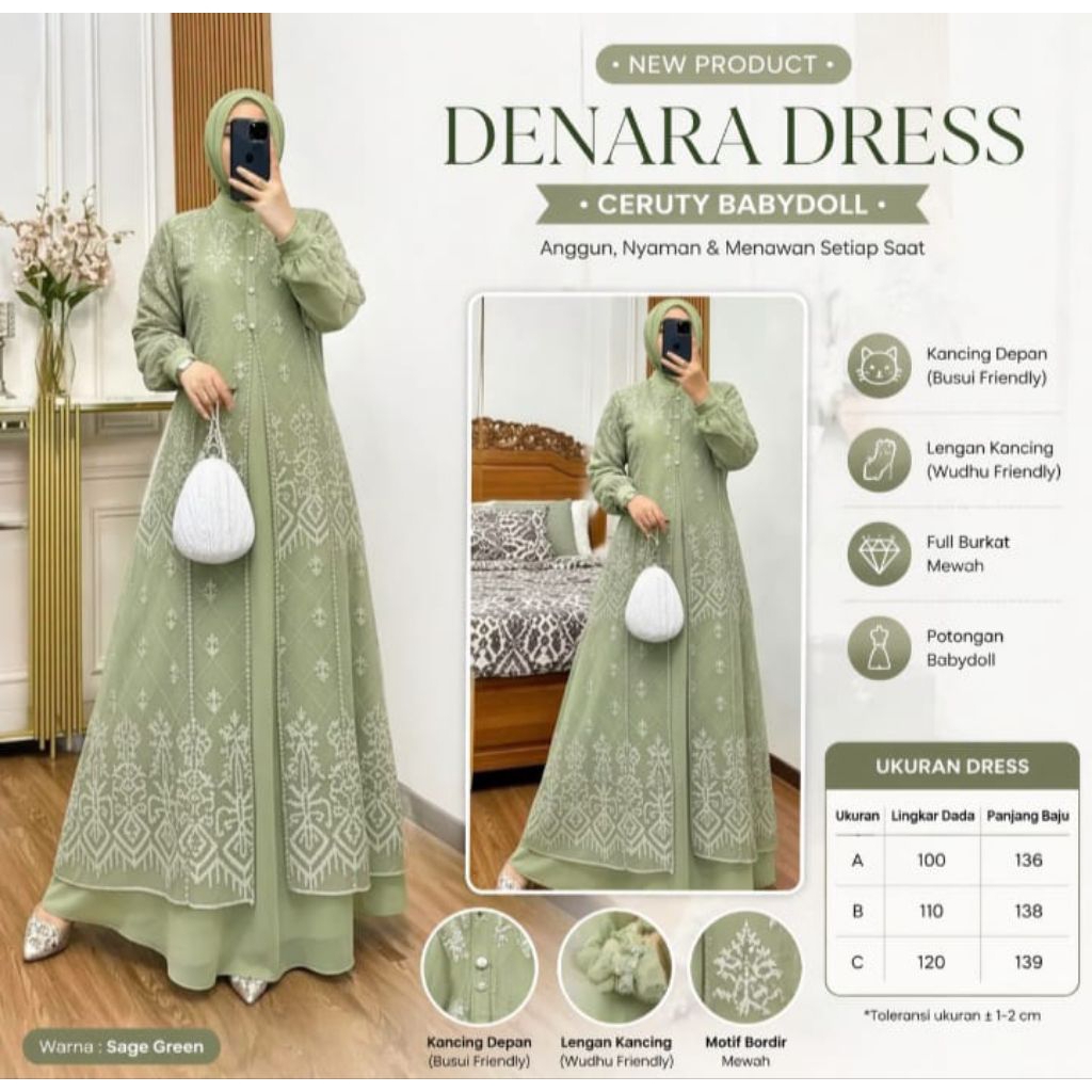 Nadhira Dress Bahan Ceruty Babydoll Mix Brukat Aplikasi Mutiara Swarovski