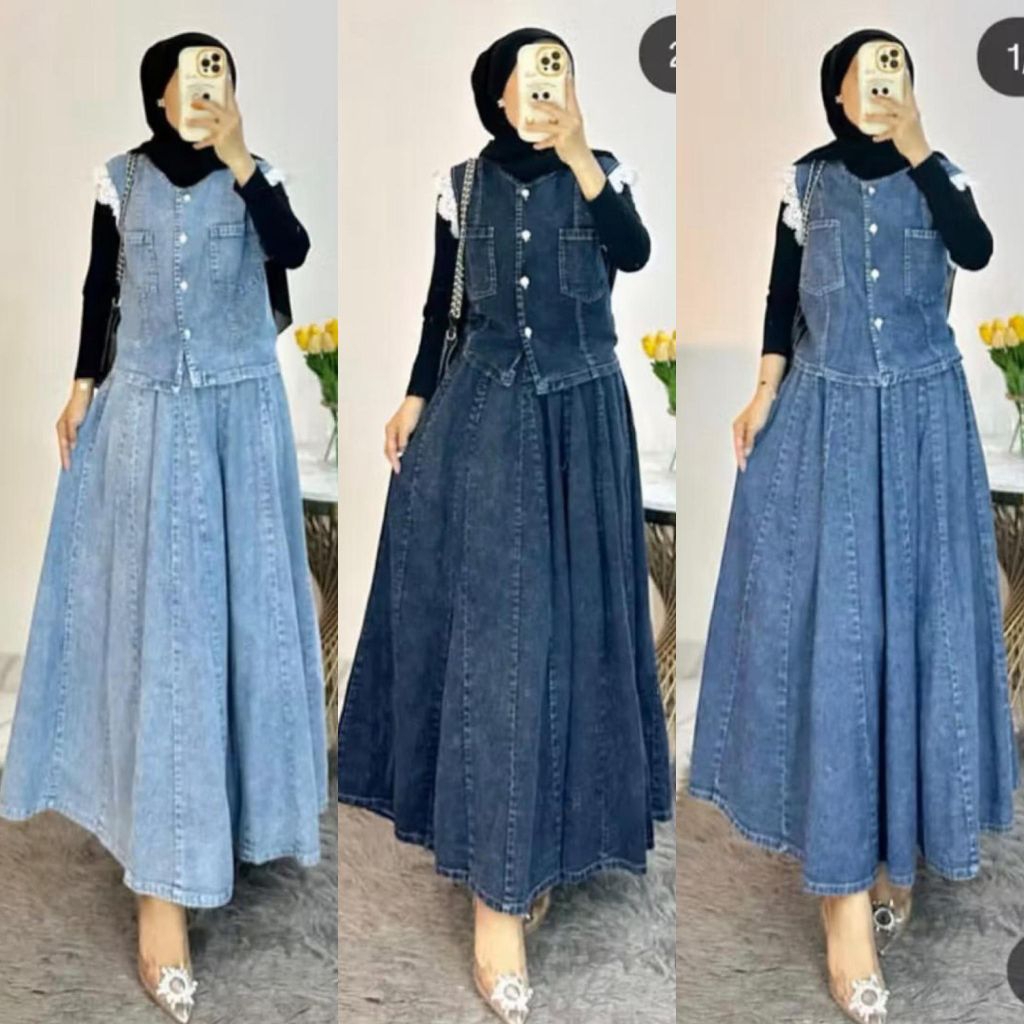 Setelan One Set Rok Jeans Wanita Model Vesy Rompi Full Kancing Aktif Terbaru / Stelan Jeans Kekinian