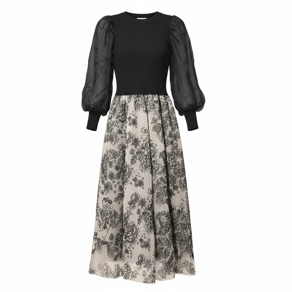 Black Floral Knit  Dress | Lengan Balon |  Dress Kondangan Preloved