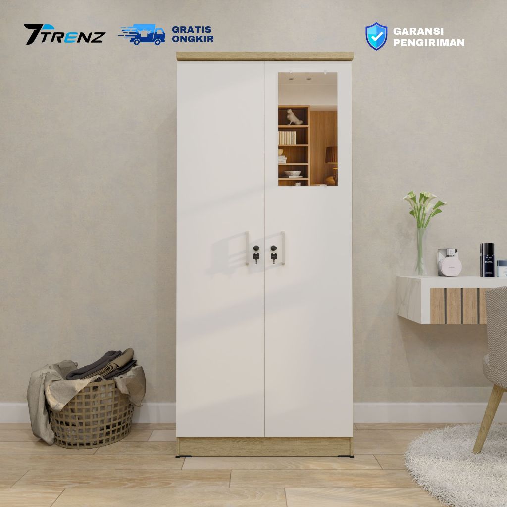 Trenz Furniture - Lemari Pakaian Kayu 2 Pintu Wardrobe Kaca Luar Laci Estetik Hemat Ruang Termurah