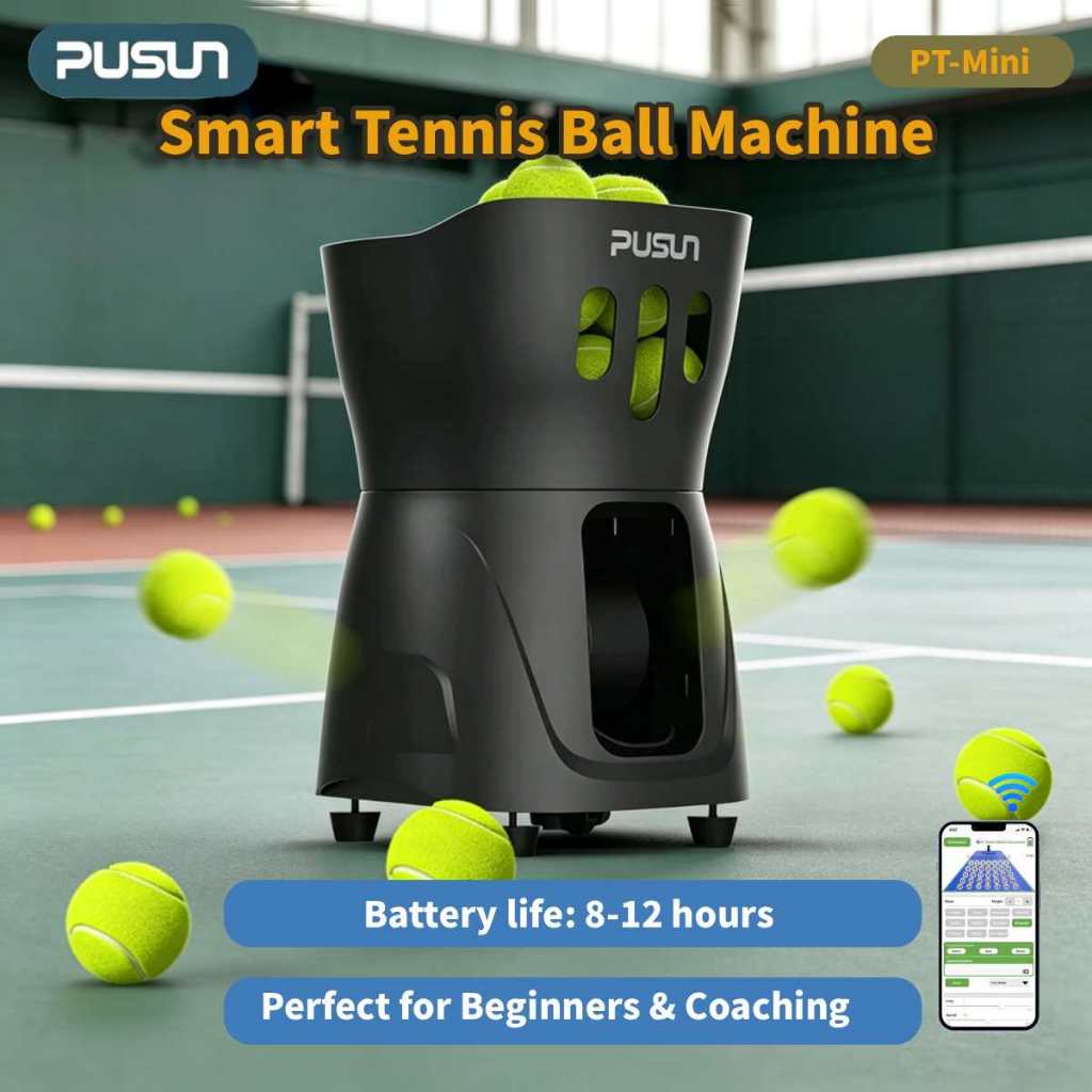 PUSUN  PT-Mini Tennis Ball Machine, Outdoor Portable Tennis Pitching Machine, Compact Trainer,APP Co