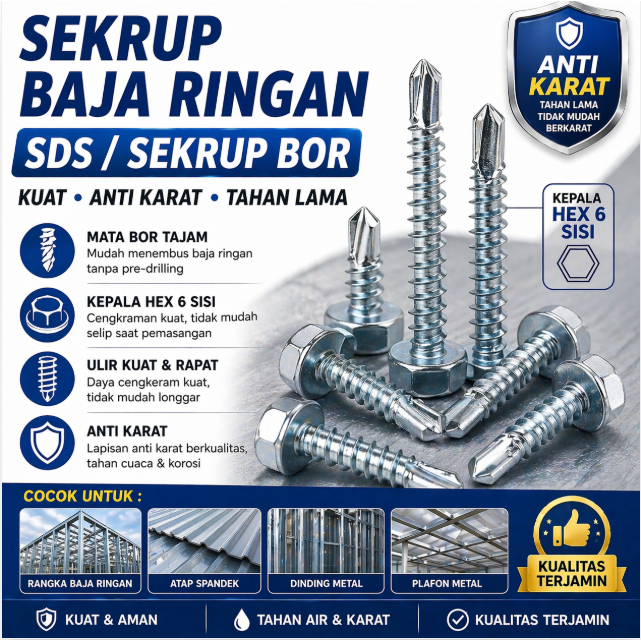 Sekrup Baja Ringan SDS / Sekrup Bor – Kuat & Anti Karat – untuk Atap & Konstruksi