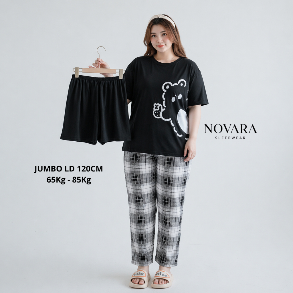 NOVARA Jumbo Baju Tidur Perempuan Dewasa Karakter Lucu | Piyama Tidur 3in1 Lengan Pendek Jumbo 65-85