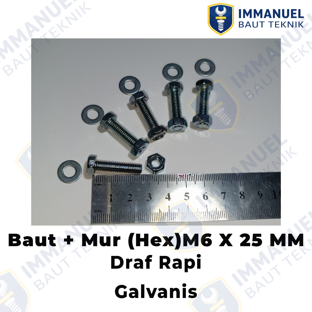 Baut Mur M6x25 Isi 25 pcs Baut 6x25 Putih Full Drat Mur M6 Kunci 10