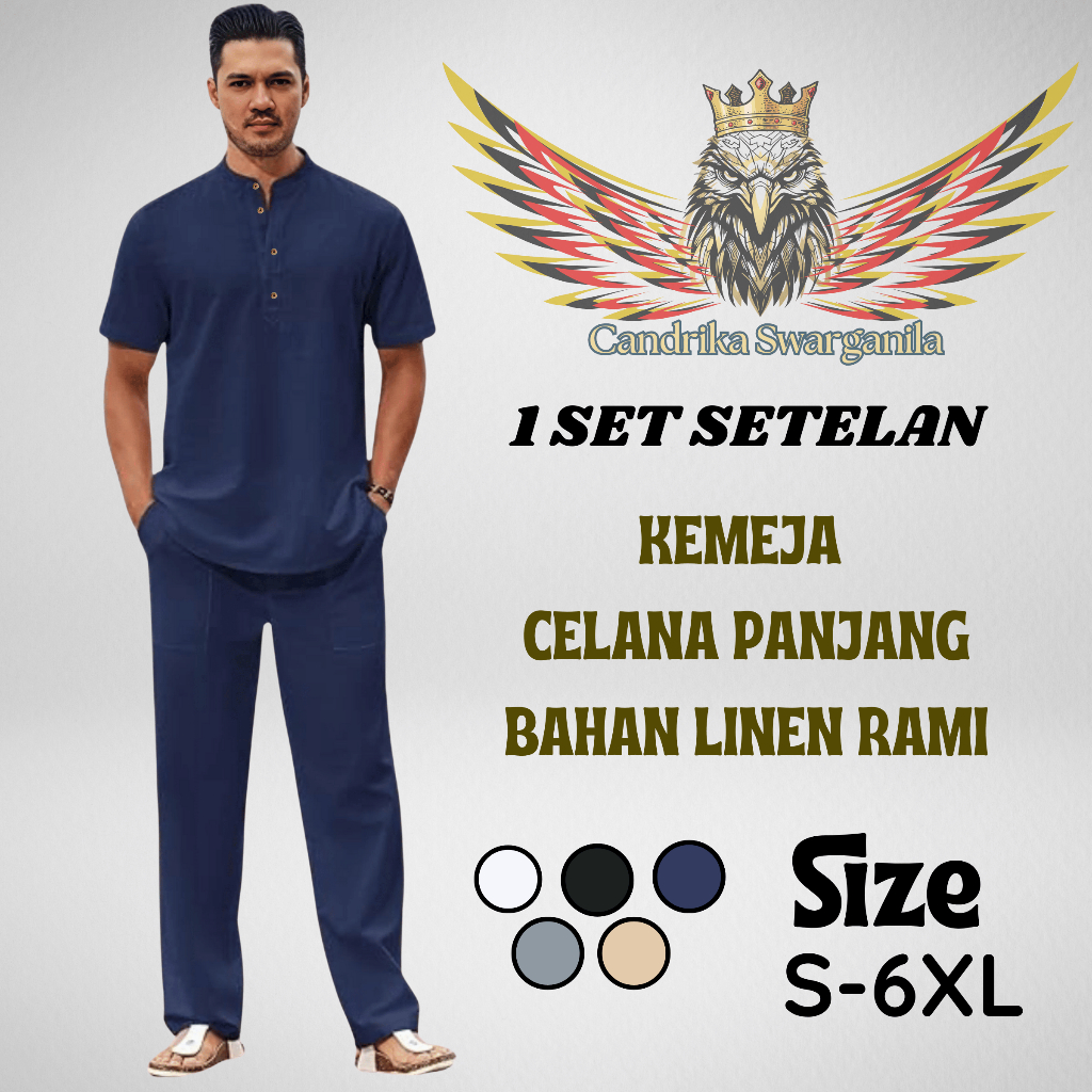 Setelan Pria Linen Rami Premium – Kemeja & Celana | Size S-6XL Adem & Stylish