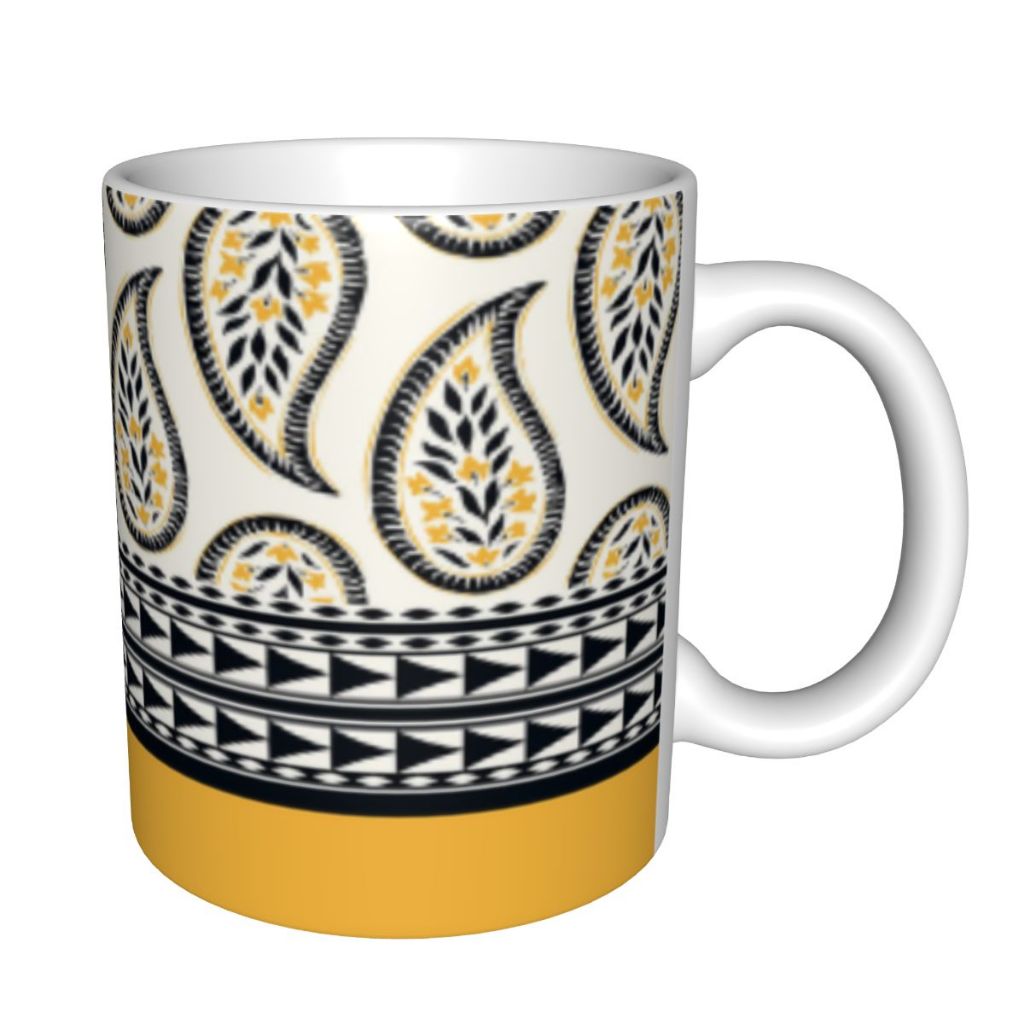 Gelas Mug Kopi Keramik Motif Paisley Etnik Kuning & Hitam Gelas Minum Kopi Teh Unik untuk Rumah Kant