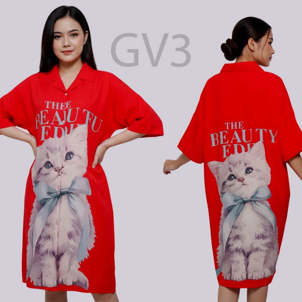 dress tunik kekinian korean style wanita satin kerah kancing motif lucu TSL09
