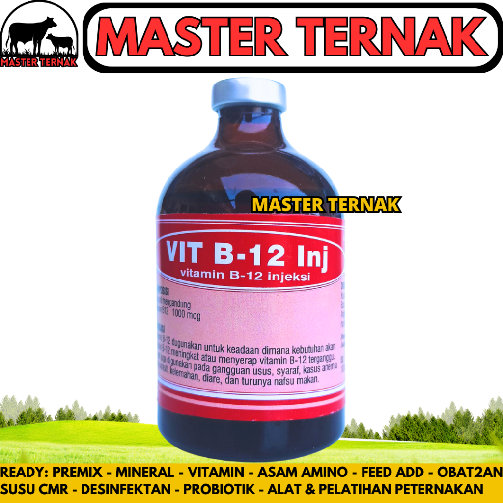 VIT B12 INJ 100ML BOTOL MERAH - Vitamin B12 Hewan Meningkatkan Nafsu Makan Hewan Ternak Sapi Kambing