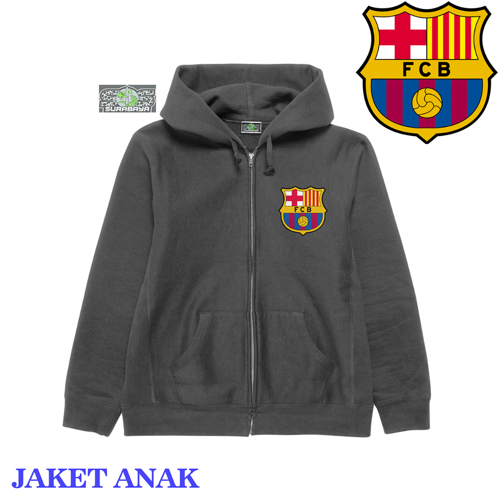 Jaket Anak Cowok Cewek Motif BARCELONA FC HITAM Usia 3 4 5 6 7 8 9 10 11 12 Tahun