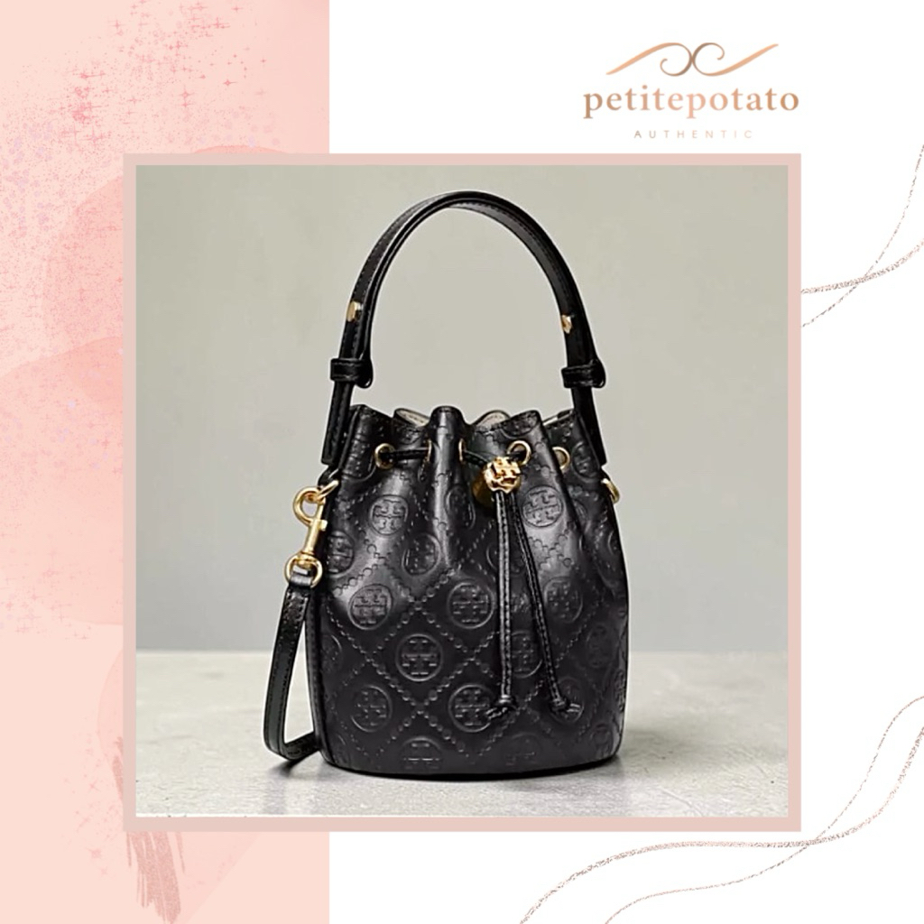TAS BRANDED WANITA TORY BURCH T MONOGRAM MINI PEBBLED LEATHER BUCKET BAG