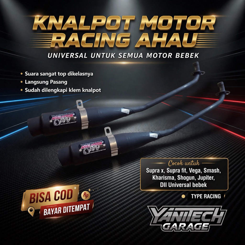 Knalpot AHAU BLACK  NETRAL untuk semua motor bebek, Bonus Klem knalpot