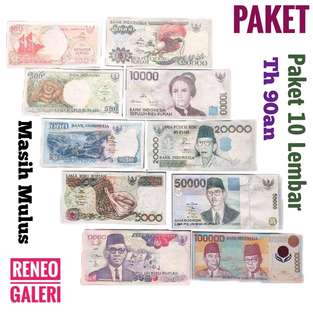 Paket 10 Lembar Mulus Tahun 90an asli set uang kertas kuno duit jadul lawas lama antik 1990an