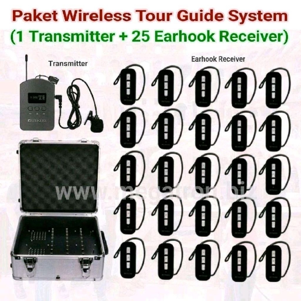 Paket Wireless Tour Guide System 25 Earhook Receiver + koper charging