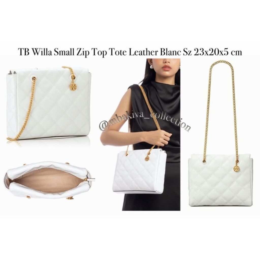 TB Willa Small Zip Top Tote Leather Blanc