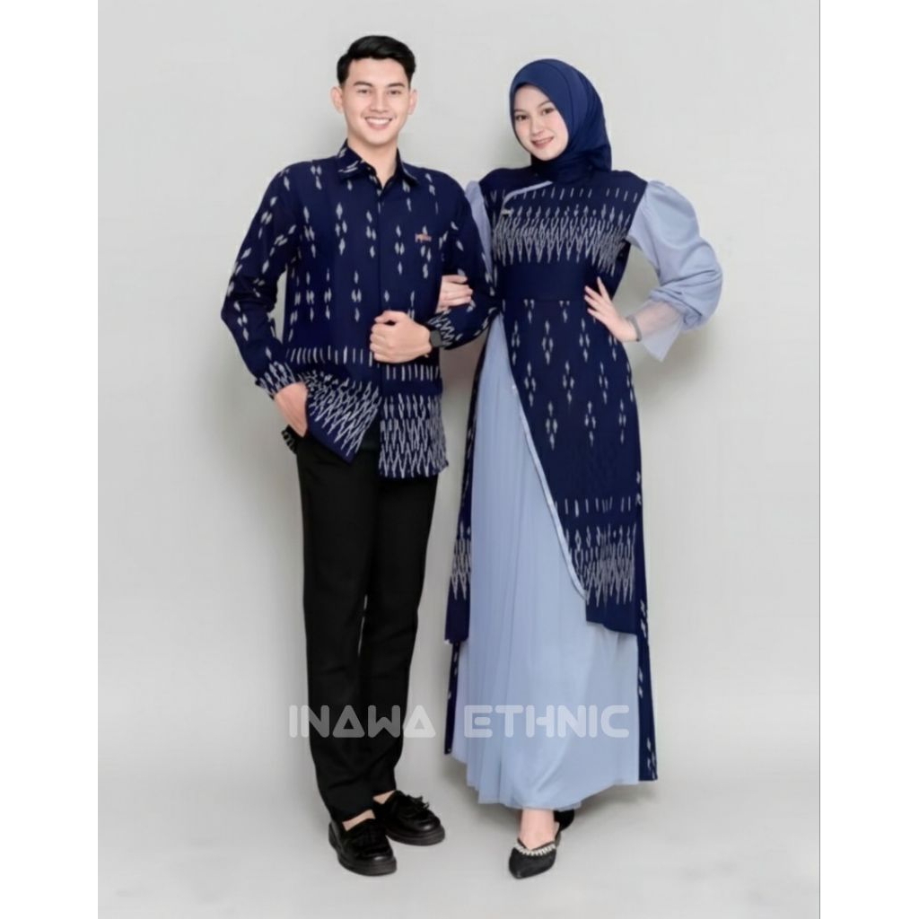 HANA DRESS COUPLE TENUN NAVY - BAJU TENUN COUPLE PASANGAN - DRESS COUPLE TENUN