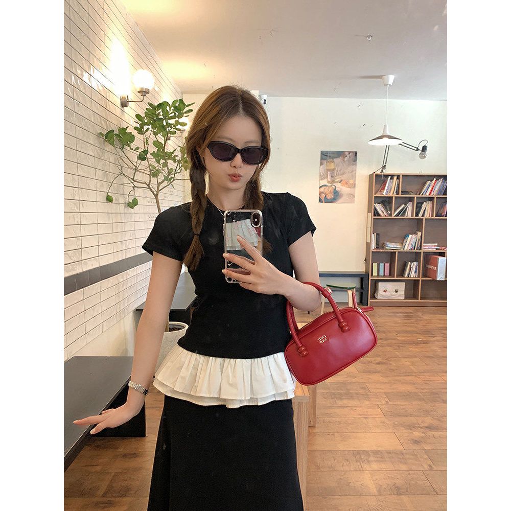 Slim Fit Round Neck Short Sleeve T Shirt With Puff Sleeve For Women
